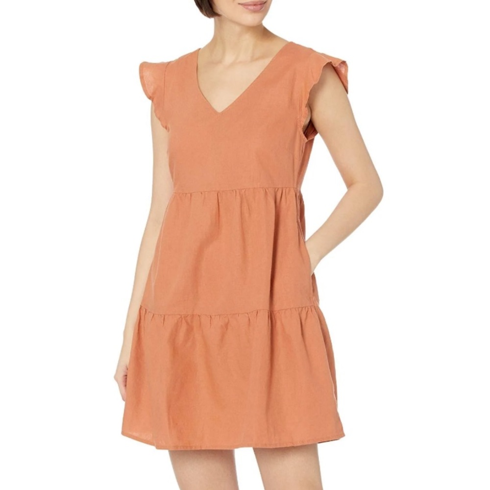 NEW! GOODTHREADS Relaxed-Fit Washed Linen Flutter-Sleeve Peasant Dress Size - M